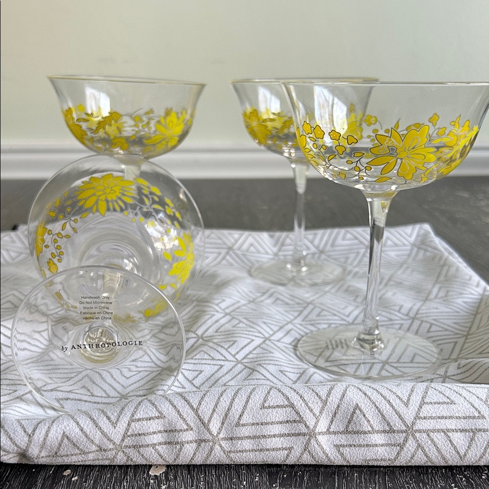 Anthropologie Yellow Floral Cocktail Glasses Mae Coupe